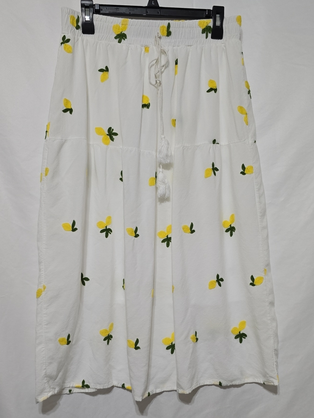 Ana & Rose White Lemon Embroidered Tiered Maxi Skirt Large Boho Cottagecore
